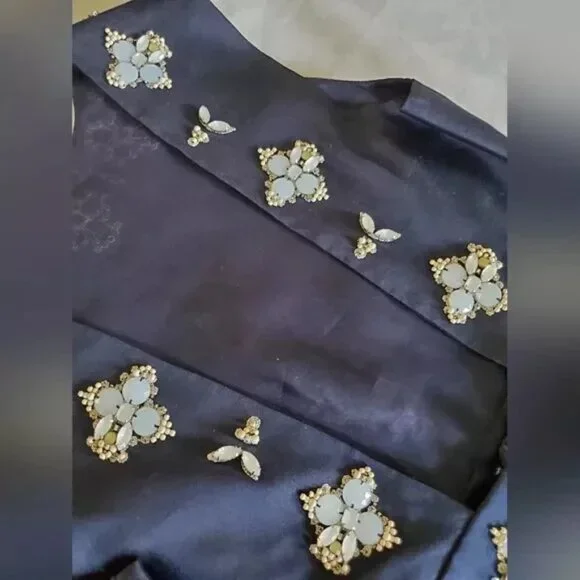 Tory Burch Navy BLUE SILK Colton Embellished Rhinestone OPEN Back dress 2 $700